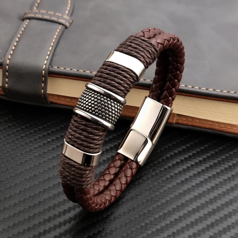 Pulseira de Couro Masculina de Aço Inoxidável com Corda de Couro Trançado