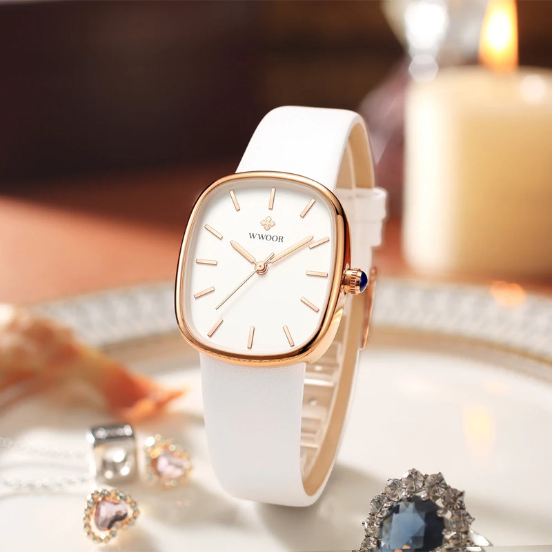 Relógio WWOOR Feminino Elegante com Pulseira em Couro